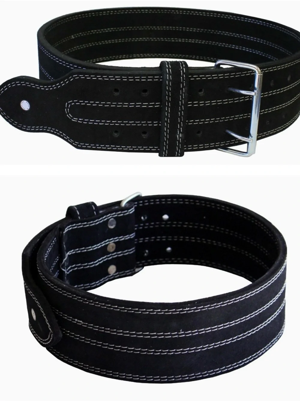 Black Leather Suede Weight Training Belt with Contrast White Stitching